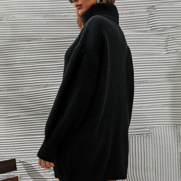 Classic Black Knit Mini Sweater Turtleneck Dress - Picture 2 of 8